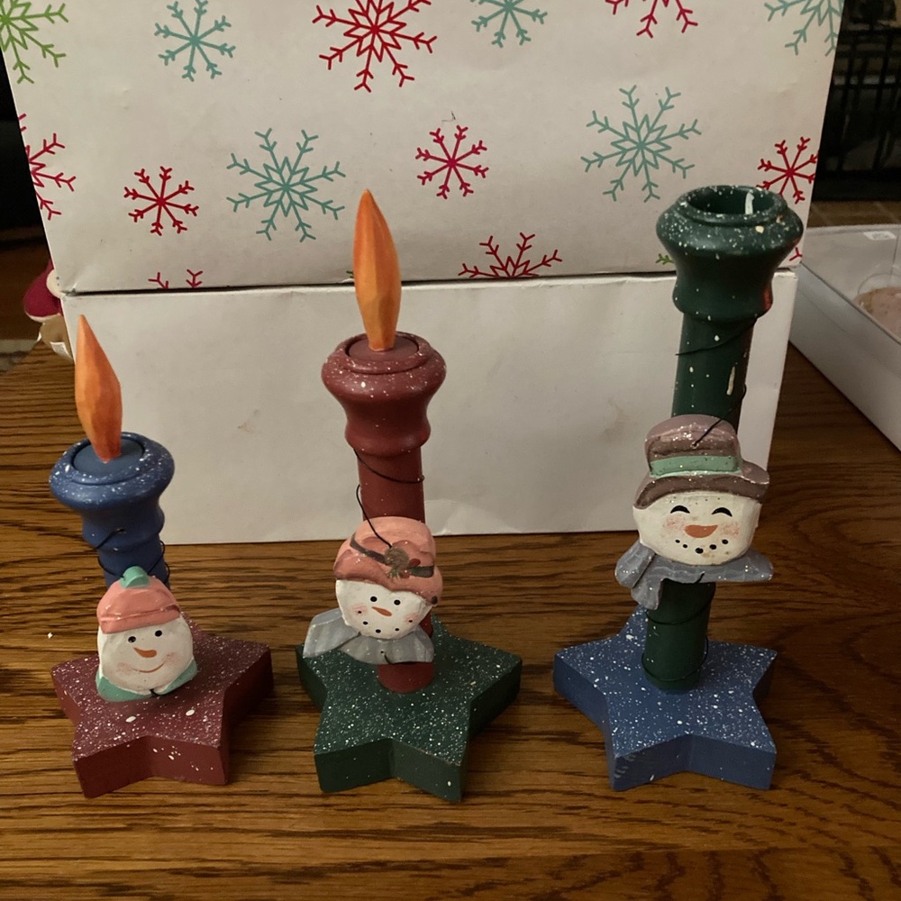 Festive Snowman Candle Holders Set - Red, Green, Blue